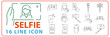© Cavid - Selfie line icon set. Photograph taken of oneself, with a smartphone or webcam, digital camera to share via social media. Vector selfie stick illustration