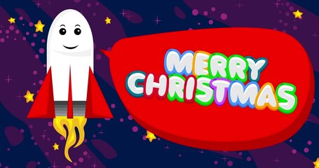 Poster - Rocket in space with Merry Christmas text in red speech bubble. Cartoon Animation.
