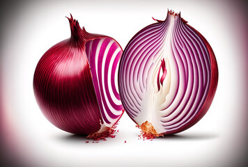 Canvas Print - Stunning red onion slices, isolated on a white backdrop. One onion has been chopped, while the other has a bulb. Generative AI