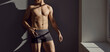© Studio Romantic - Wide narrow banner of sexy naked man in briefs on grey wall background. Toned active sporty guy in underwear advertise good quality underclothing garment. Crop. Fashion advertisement.