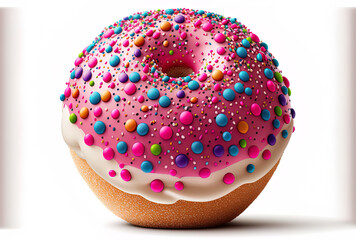 Wall Mural - Pink doughnut with frosting and multicolored sprinkles set on a white background. comprise the clipping path. Generative AI