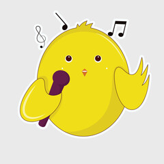 Canvas Print - Singing Cute Bird Through Microphone Over Grey Background In Sticker Style.