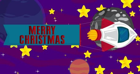 Poster - Rocket with Merry Christmas Banner in Space. Cartoon Animation.