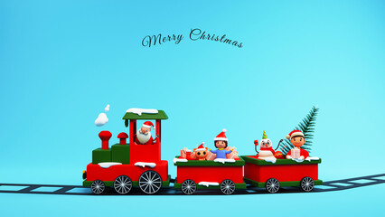 Canvas Print - 3D Render Santa Claus With Kids, Snowman, Reindeer Riding On A Train Against Gradient Blue Background For Merry Christmas Concept.