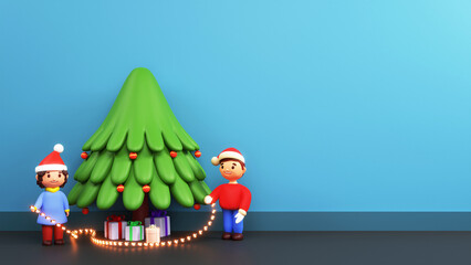 Canvas Print - 3D Render Of Cartoon Kids Holding Lighting Garland With Gift Boxes Under Xmas Tree On Blue Background And Copy Space.