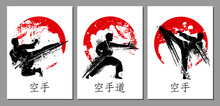 Set Of Postcards Dedicated To Karate. Martial Art In Abstract Style. Vector Templates For Card, Poster, Flyer, Banner And Other