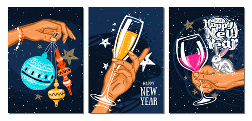 Set of postcards dedicated to the holiday New Year. Congratulation, party, holiday, champagne, wine, sparkler and Christmas ball. Vector templates for card, poster, flyer, banner and other