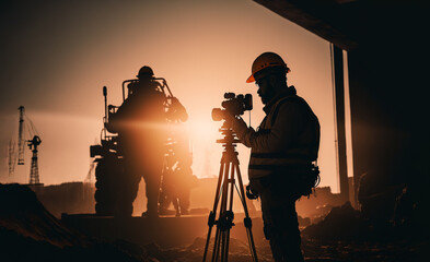 Engineer silhouette and worker control project on construction site. Generated AI