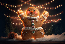 Holiday Themed Bakery Food Gingerbread Cheerful Snowman With A Garland Of Lights In A Pleasant Setting. Generative AI