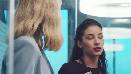Aufkleber - Business meeting, discussion and marketing communication of a woman talking about strategy. Teamwork, consultant collaboration and women planning company growth. office schedule or job innovation