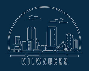 Canvas Print - Cityscape with white abstract line corner curve modern style on dark blue background, building skyline city vector illustration design - Milwaukee
