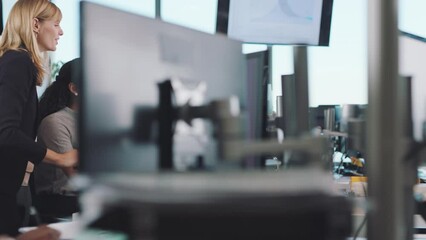 Poster - Business people, computer or teamwork collaboration in modern office, coworking space or finance planning company. Talking man, women or finance workers on fintech technology or stock market database