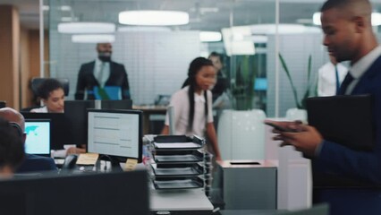 Aufkleber - Office, business people and walking with documents working on computer and technology for accounting, workflow management and finance. Corporate employees, desk and company with a diversity workspace