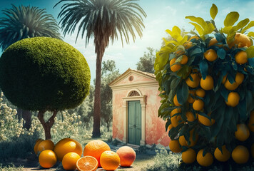 Poster - summertime setting citrus garden. generative ai