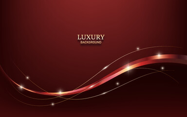 Abstract luxury 3d red colored stripe curved and golden lines with glitter light effect on red background