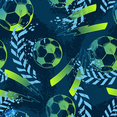 Abstract seamless pattern for boys. Football pattern. Grunge urban pattern with football ball. Sport wallpaper on black background with white and blue and green. Repeated sport pattern.