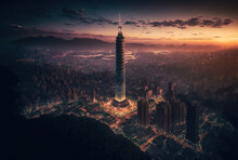 Aerial View Of Taiwan's Thriving Capital City, Taipei, At Sunset. The 101 Tower Stands Out Among The New Skyscrapers In The Xinyi Commercial District, And The City Lights Twinkle Against The Dusky Sky