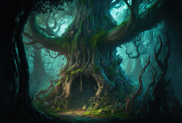 Poster - Ever lasting Majestic Deep Forest Life Trees of Eternal Legend. Realistic Concept Art Fantasy Backdrop. Background digital painting for video games Artwork for CG scenery. Intensive Book. Generative