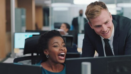 Poster - Office, communication and finance employee friends talking and laughing about work. Worker, smile and diversity of company financial employees working together with happiness and planning