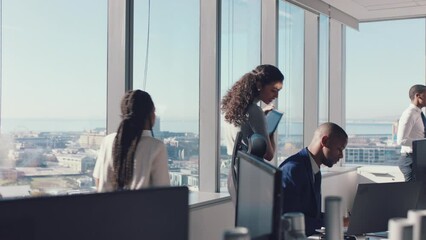 Poster - Staff, busy and business people walking in office, working in corporate, financial and modern company. Teamwork, collaboration and efficient employees with project in workplace with city background