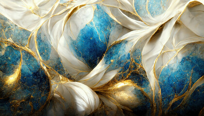 Abstract luxury marble background. Digital art marbling texture. Blue, gold and white colors. AI
