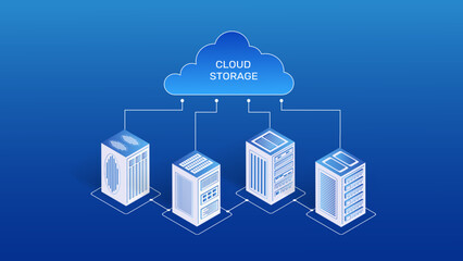 Isometric cloud server. 3D big data. Network hosting background. Share datacenter on computer. Information storage. Database connection. Digital infrastructure. Vector illustration concept