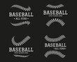 Softball logotype set, baseball logo, ball icons. Sport league graphic design, base leather, american game team. White elements on black background. Curve stitches pattern, vector illustration