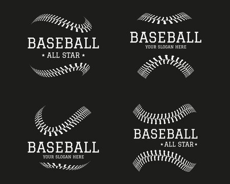 Wall Mural - Softball logotype set, baseball logo, ball icons. Sport league graphic design, base leather, american game team. White elements on black background. Curve stitches pattern, vector illustration