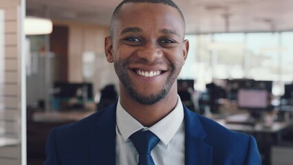 Poster - African businessman, office portrait and focus for success, vision and target in marketing company. Corporate black man, happy and face at modern office for innovation, motivation or goals in Chicago