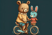 Adorable Rabbit And Bear Riding A Bicycle. Figure From A Circus Show. T Shirt Designs Animals Riding Old Motorcycles. Children's Cartoon Character Greeting Cards, Textile Artworks, And Prints