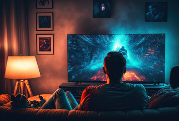 Smart TV online movie streaming service. TV on demand video (VOD) service and streaming series. Man using a remote to select a movie to watch. Late at night, a person is seated on their couch at home