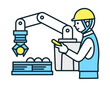 人と協力しながら働く産業用ロボット。協働ロボットのベクターイラスト素材。