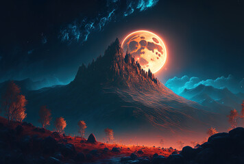 Mountain and Moon on Halloween. Fictional Setting concept painting True to life. Digital CG art from video games. scenery in nature. Generative AI