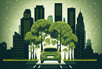 Sticker - Front image of a green electric automobile charging. Skyscrapers, trees, and a modern metropolitan scene with high rise structures. eco city, ecologically sound transportation. a based image