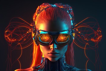 Wall Mural - illustration digital art of fictional woman wearing VR headset look straight shot, idea for futuristic lifestyle concept