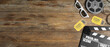 © New Africa - Flat lay composition with clapperboard, cinema tickets and 3d glasses on wooden table, space for text. Banner design