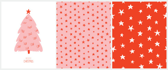 Wall Mural - christmas vector card and 2 seamless vector patterns. pink christmas tree with red star and handwrit