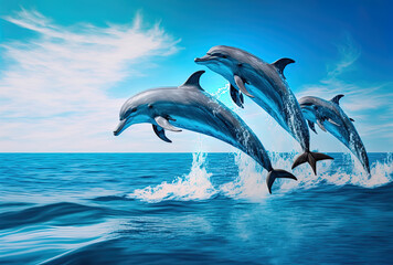 Wall Mural - Beautiful bottlenose dolphins leaping from the ocean on a bright day in the sea with pure blue water. Generative AI