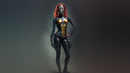 sexy steampunk redhead woman with gas mask, fictional person made with generative ai
