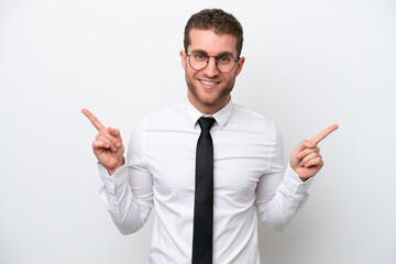 Canvas Print - Young business caucasian man isolated on white background pointing finger to the laterals and happy