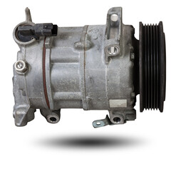 Poster - Car spare part air conditioning compressor - pump for supplying freon under pressure to the climate control system to cool the air in hot summer. Spare parts catalog from junkyard.