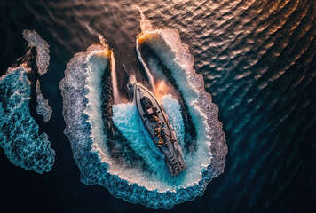 Poster - An aerial drone shot taken at dusk shows a stuntman executing daring acrobatics while circling above a boat that is anchored in the deep blue ocean on a jet ski. Generative AI