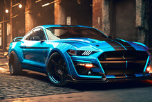 Blue Ford Mustang With Racing Stickers In A Empty Street, Sports Car
