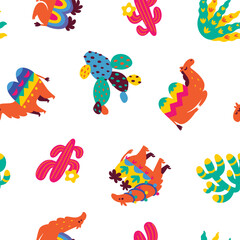 Wall Mural - Seamless pattern with flat cartoon camels and succulents. Vector illustration