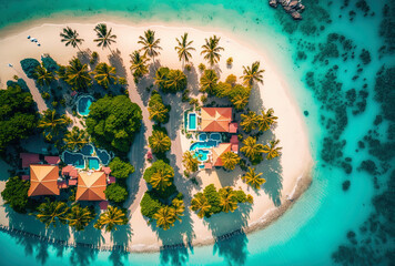 seashore aerial view. luxury holiday scene during the summer. Drone image of a tropical beach. Beach bungalows at a hotel complex. Ideal summer vacation template with a beach landscape. beautiful natu