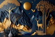 canvas print picture - Dark blue mural wallpaper from the contemporary era Christmas tree, mountain, deer, birds, and waves of gold on a dark blue backdrop depicting a jungle or forest. Generative AI
