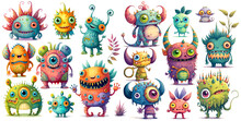 Set Of Cute Cartoon Happy Monsters, Colorful Watercolor Isolated On White