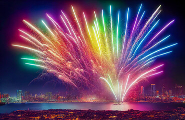 Wall Mural - fireworks in the city, generative ai illustration