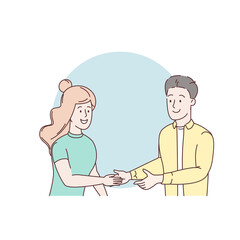 Wall Mural - Shaking man and woman hands. Handshake of business people partners businessmen and businesswomen. Success deal, partnership, greeting shake, casual handshaking agreement concept. Illustration