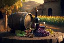 A Dreamy Winery In Tuscany, Wonderful Tasty Italian Wine, Glass And Wine Bottle, Grape Plantation Background